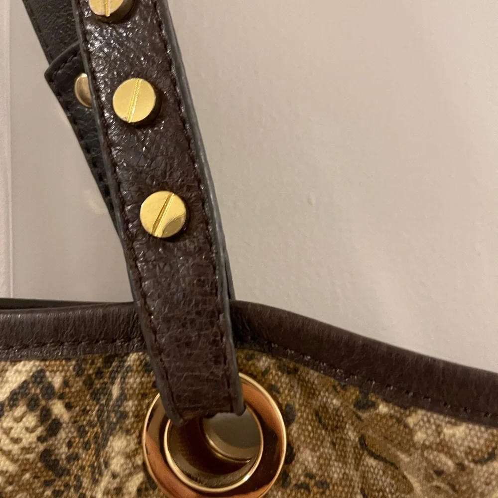 Tory Burch Canvas Reptile Print Tote with Brown Leather Detail